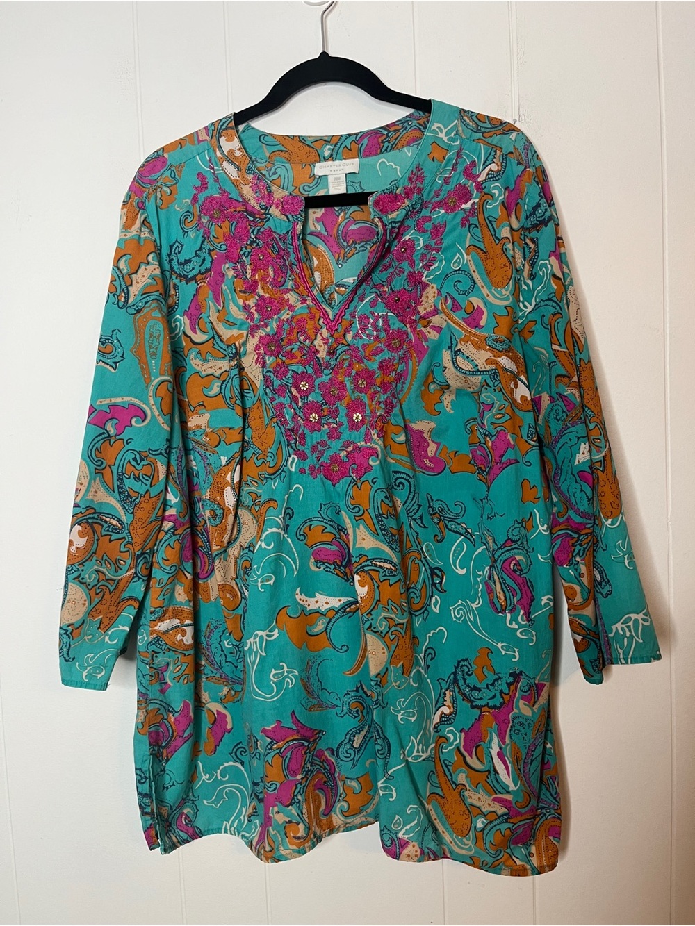 Charter Club Womean Embroidered Teal Paisley Tunic Top 3/4 Sleeves Size 20W